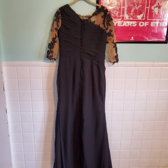 Vintage 90s Y2K Black Illusion Floral Bodycon Maxi Dress Size 14 Goth Glam - Picture 11 of 14